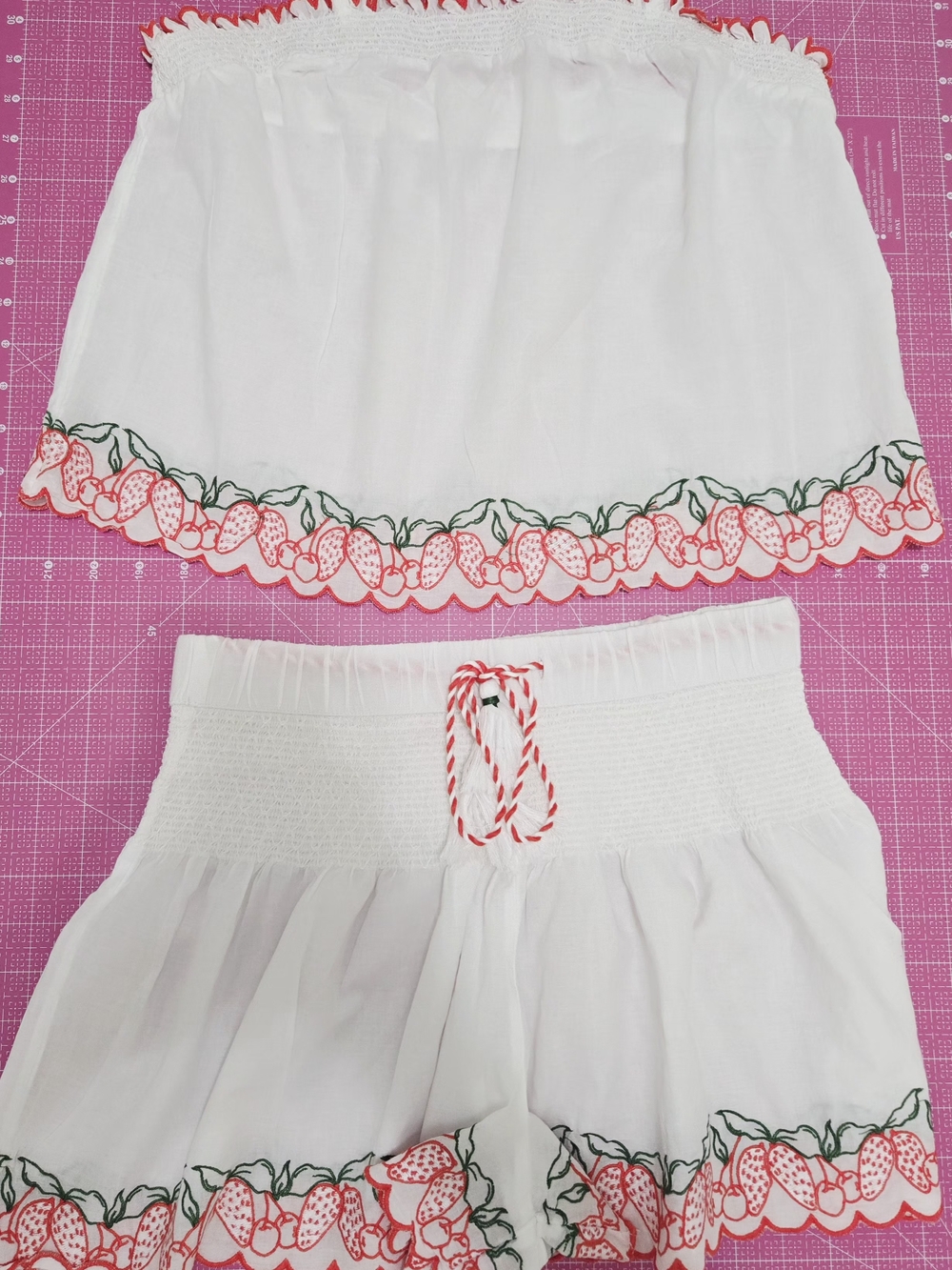 COTTON White Strawberry-Trim Two-Piece Pajama Set SIZE S